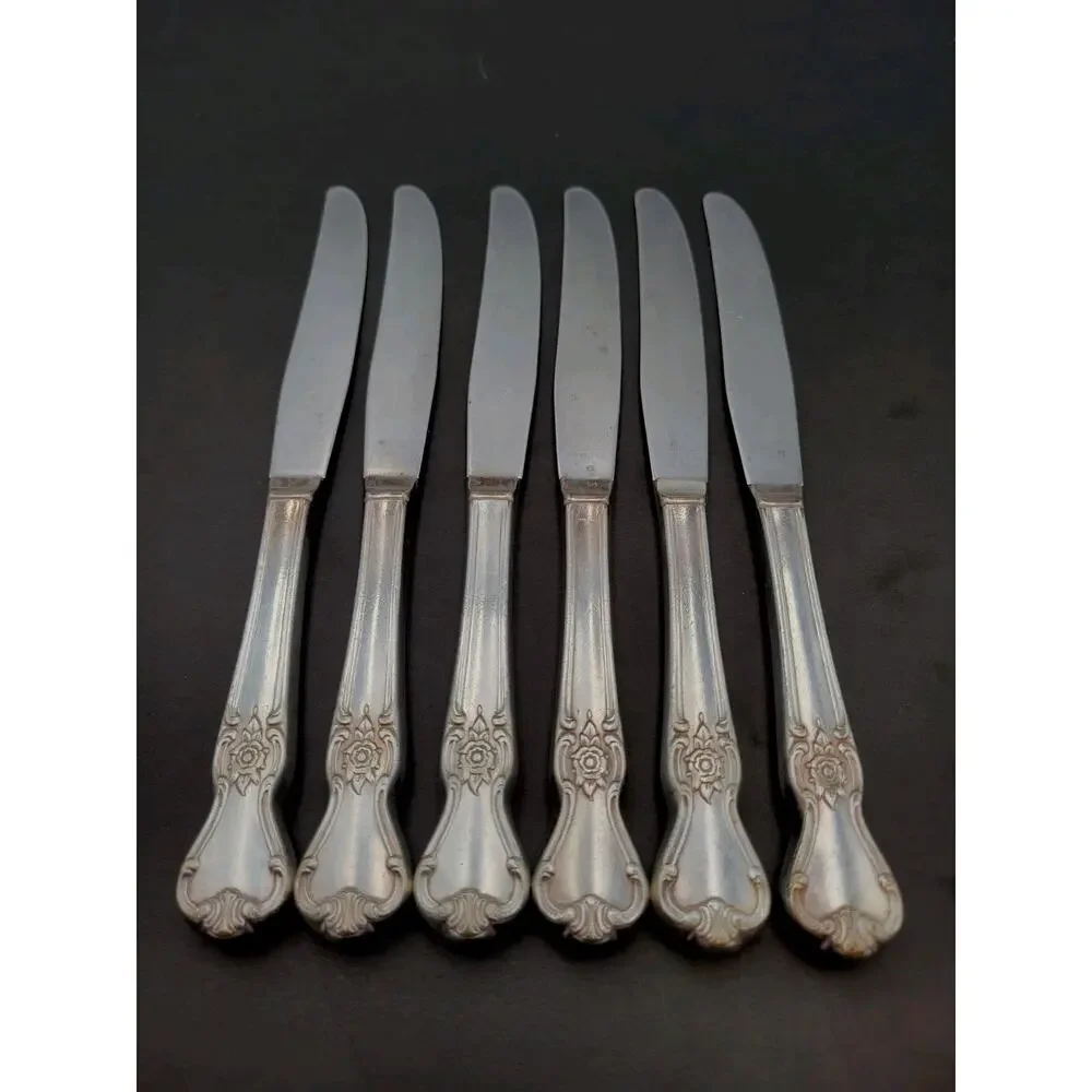 Vtg Old Community Oneida Silver Plate Set of 6 Dinner Knives Rose